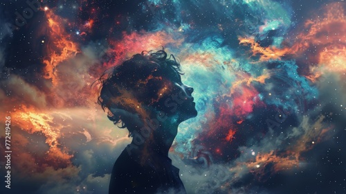 A person's silhouette blends into a vibrant cosmic nebula, evoking a dreamscape of galactic wonder.