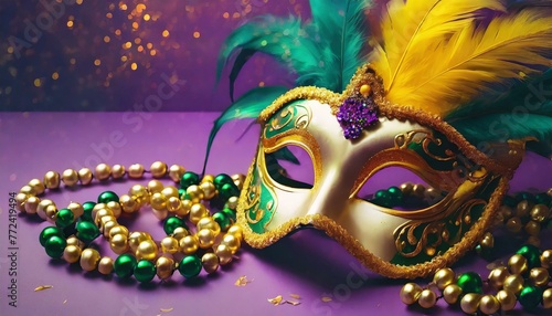  Mardi Gras carnival mask and beads on purple background 