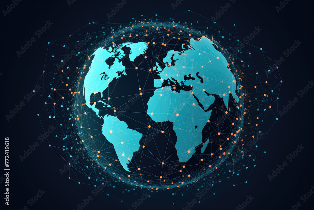 Fototapeta premium A blue and orange globe with a network of lines surrounding it. The globe is the center of the image and the lines are the connections between different parts of the globe