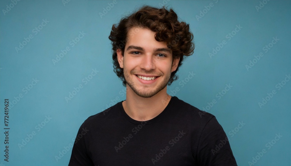 Handsome brunette young man in simple black t-shirt with curly hair smiling to the camera isolated on blue background with copy space, good looking model portrait Handsome brunette young man in simple black t-shirt with curly hair smiling to the camera isolated on blue background with copy space, good looking model portrait