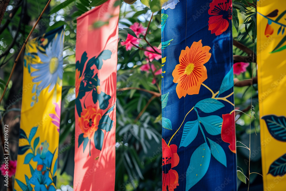 A burst of color as banners adorned with bold floral prints sway gently in the breeze, infusing the scene with energy and vitality.