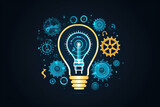 A light bulb is surrounded by gears and other mechanical parts. Concept of innovation and progress, as the gears represent the complex systems that make up modern technology