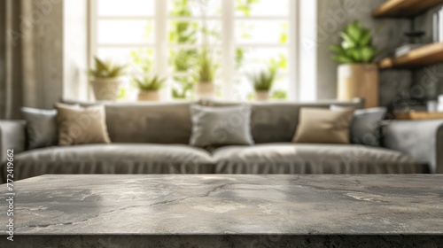 Stone table top with copy space. Living room background.