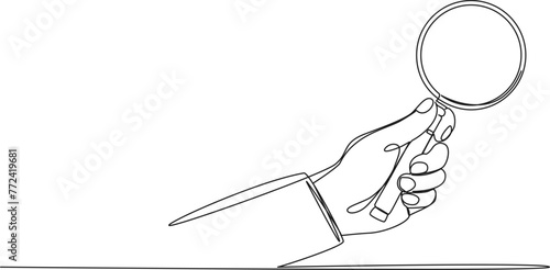 continuous single line drawing of hand holding magnifying glass, line art vector illustration