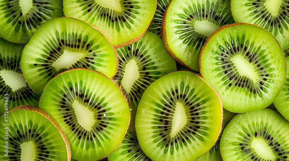 Vibrant Green Kiwi Slices with Juicy Seeds and Fresh Texture in a Circular Pattern Vibrant Green Kiwi Slices with Juicy Seeds and Fresh Texture in a Circular Pattern