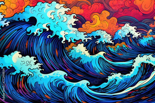 A colorful painting of a wave with a blue ocean background. The painting has a dreamy, calming mood