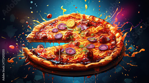 Pizza image with splash color art illustration