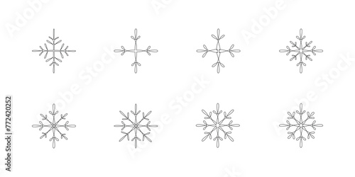 Christmas snowflakes set - one single continuous line. Vector stock hand drawing illustration isolated on white background for design template winter decoration, greeting card. Editable stroke.