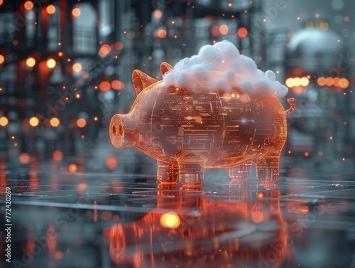 Abstract icon of a digital cloud raining down on a piggy bank inside a factory, on a cloud financing background, concept for cloud computing in cost management.