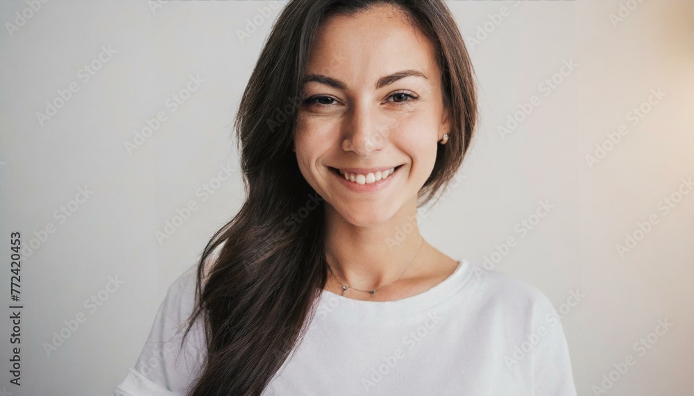 portrait of young happy woman looks in camera portrait of young happy woman looks in camera
