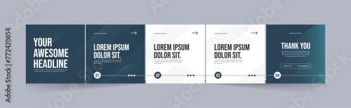 Social media carousel template, microblog five page square post for Instagram and linkedin, clean, modern, minimal, design, EPS vector illustration