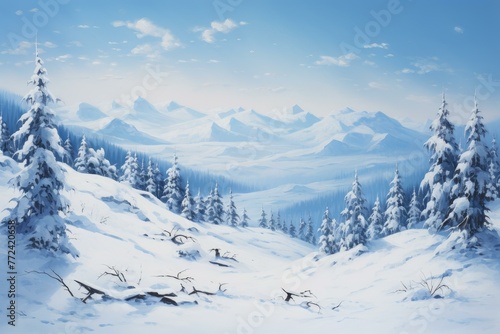 Expansive Snowfield blue sky landscape. Nature season. Generate Ai © juliars