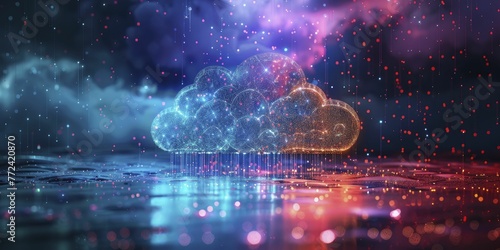 A sleek digital cloud adorned with finance and industry icons cascades against a cloud computing backdrop, epitomizing cloud services for finance and industry.
