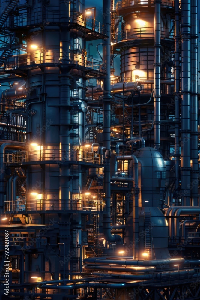 Moody lighting casts over scifi refinerys intricate piping, close view