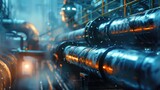 Moody and atmospheric lighting on scifi refinery pipes, a detailed view