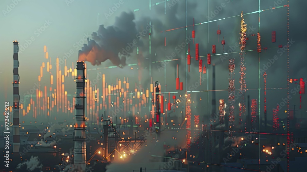 A modern depiction of economic progress: Stocks soaring over industrial chimneys against a backdrop of subtle growth, representing industrial expansion. - obrazy, fototapety, plakaty 