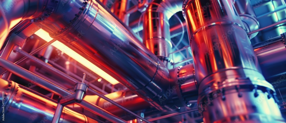 Close view of futuristic refinery piping, detailed in moody scifi lighting Close view of futuristic refinery piping, detailed in moody scifi lighting