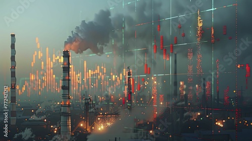 A modern depiction of economic progress: Stocks soaring over industrial chimneys against a backdrop of subtle growth, representing industrial expansion.