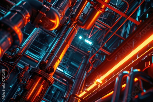 Futuristic piping in a scifi refinery, under moody and brooding lighting