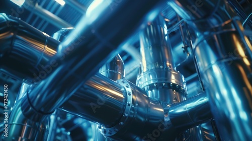Futuristic refinery pipes bathed in moody, ambient lighting, closeup view