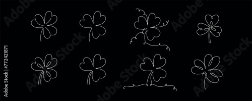 Clover flowers set for Saint Patrick day - good lucky symbol, single line. Vector stock minimalism illustration isolated on black background for design template invitation frame. Editable stroke. photo