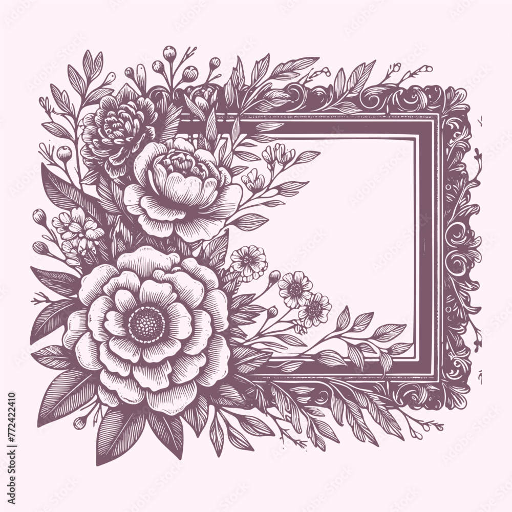 Border frame with floral wreath branch hand-drawn style. Floral frame for Valentine's Day, wedding decor, logo, and identity template