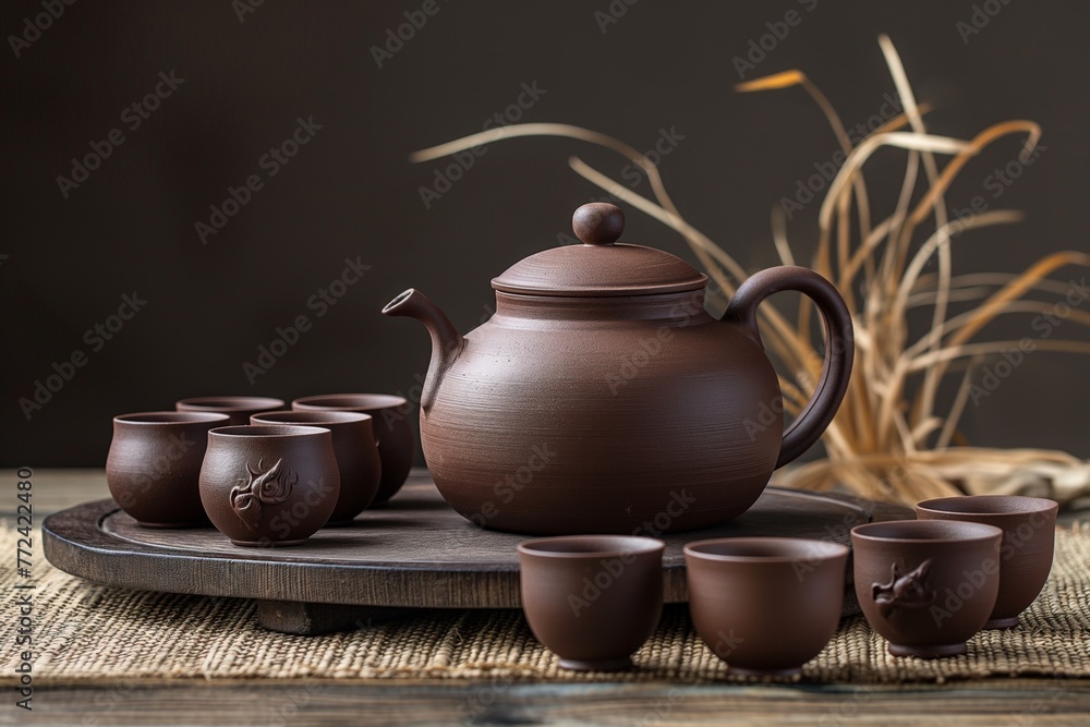 Темно-коричневый глиняный чайник стоит на круглом деревянном подносе рядом с такими же чашками для чая