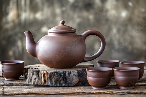 A dark brown clay teapot stands on a wooden tray next to the same tea cups