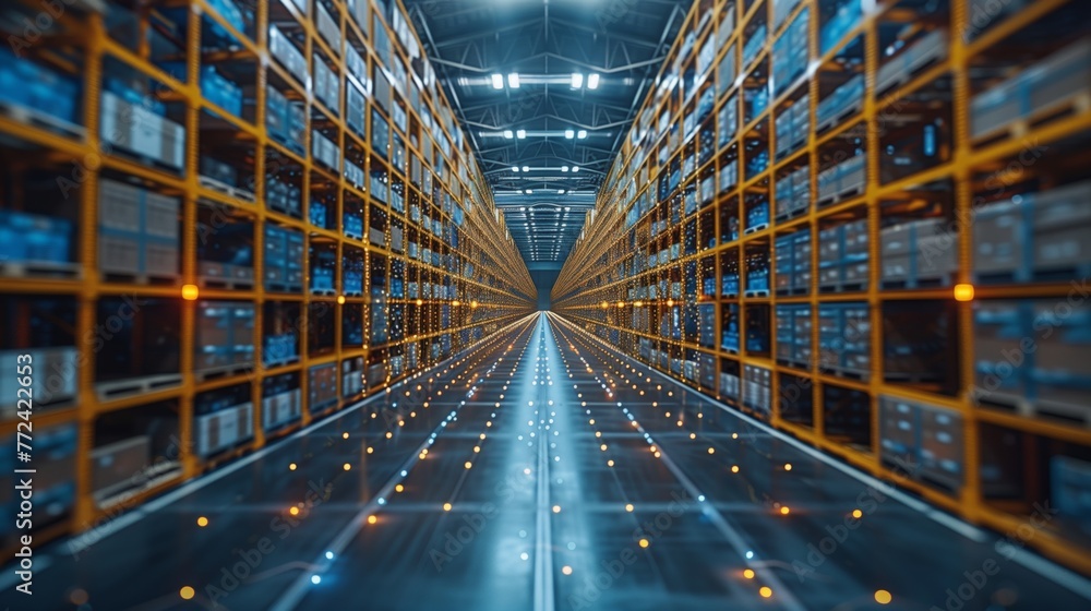 Fototapeta premium Symmetrical View Down the Aisle of a Modern Warehouse at Dusk