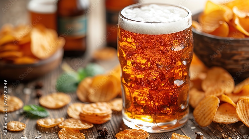 Glass of beer and potato chips on a table, closeup view Glass of beer and potato chips on a table, closeup view