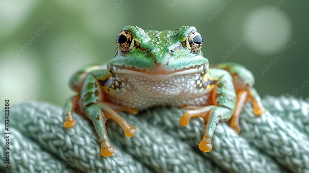 Green frog on a green knitted background, close-up Green frog on a green knitted background, close-up
