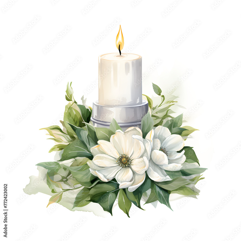 Watercolor white wedding flower with candle Watercolor white wedding flower with candle