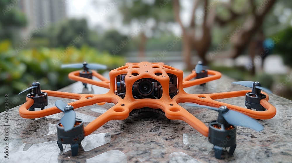 Orange Quadcopter Drone Poised for Takeoff in Urban Park Orange Quadcopter Drone Poised for Takeoff in Urban Park
