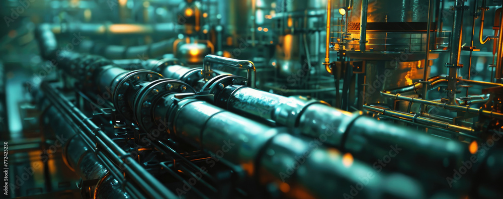 Intricate piping of a scifi refinery, captured in a close view with moody lighting Intricate piping of a scifi refinery, captured in a close view with moody lighting