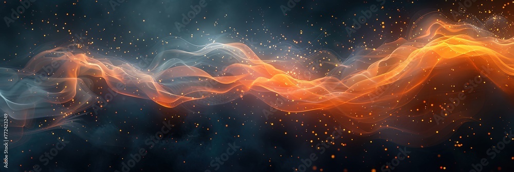 Digital manipulation: luminous sound waves intertwine with airborne dust, creating movem