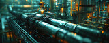 Intricate piping of a scifi refinery, captured in a close view with moody lighting