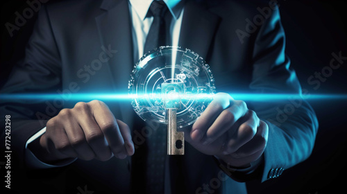 Cyber security data protection Businessman holding a key to protect sensitive data Concept ,Cyber security , Generate AI