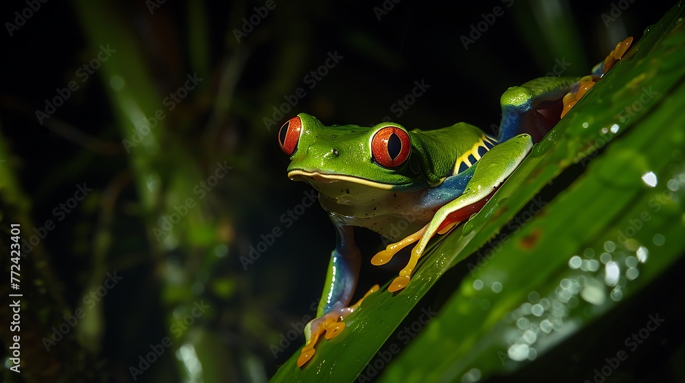 Fototapeta premium Red-Eye tree frog at night in a rain forest in the arenal area