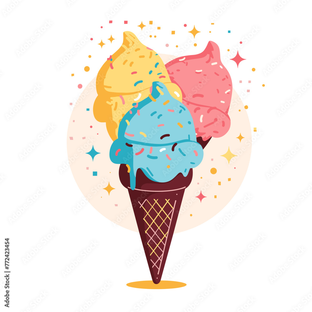 Ice cream in waffle cone. Vector illustration in cartoon style Ice cream in waffle cone. Vector illustration in cartoon style