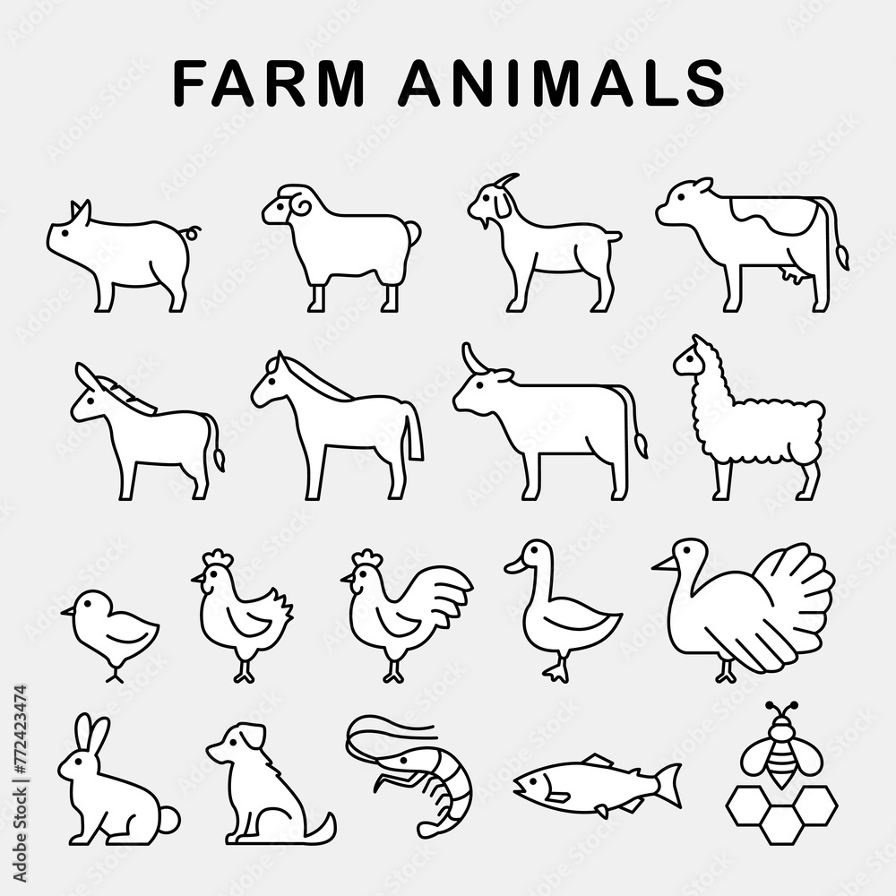 Fototapeta premium Farm animals icon set illustration vector element simple minimalist trendy outline drawing doodle collection zoo pets livestock poultry bundle