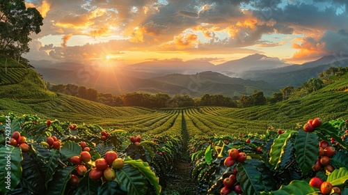 A panoramic view of a coffee bean field at sunset, with the sky painted in warm hues and the tra