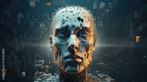  Artificial Intelligence Background , 3D dissolving human head made with cube shaped particle , Generate AI © VinaAmeliaGRPHIC