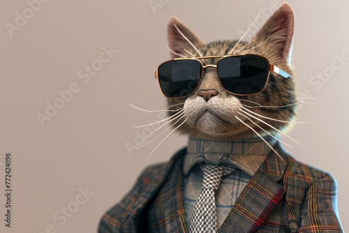 Stylish Cat in Sunglasses and Plaid Suit