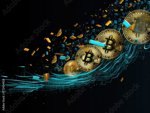 A series of four gold colored Bitcoin coins are shown in a blue and orange swirl. The coins are scattered throughout the image, with some of them being larger and others smaller photo
