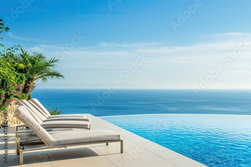 A pool with a white railing and a view of the ocean © Vasilisa
