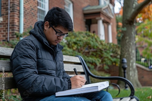 A man wearing a black jacket is sitting on a bench and writing in a notebook