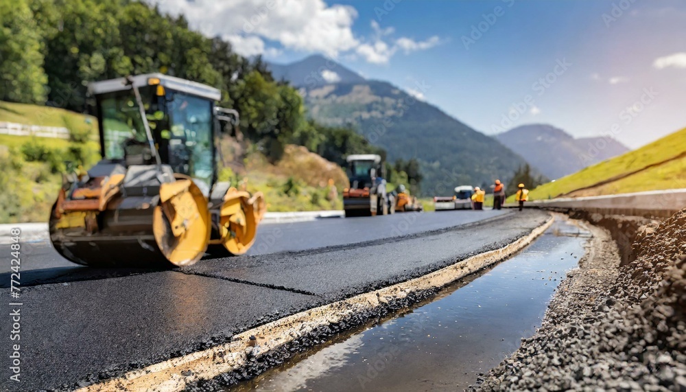 New asphalt maintenance, old potholed road rehabilitation, renovation, blurred workers and machines in background New asphalt maintenance, old potholed road rehabilitation, renovation, blurred workers and machines in background