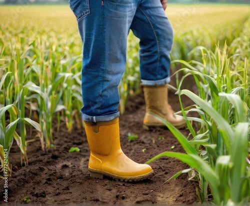 A farmer, clad in rubber boots, strides through a field of corn maize.