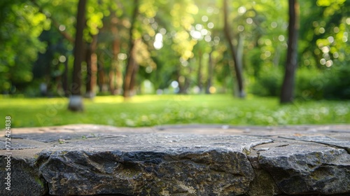 Stone table top with copy space. Park background