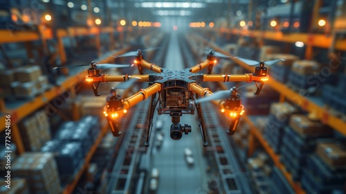 Autonomous Drone Flying Through a Modern Warehouse Aisle During Inventory Check